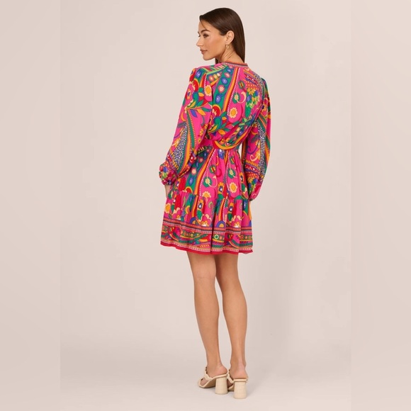 Adrianna Papell Long Sleeve Retro Printed A Line Dress In Pink Multi Size 8 NWT - Picture 4 of 16